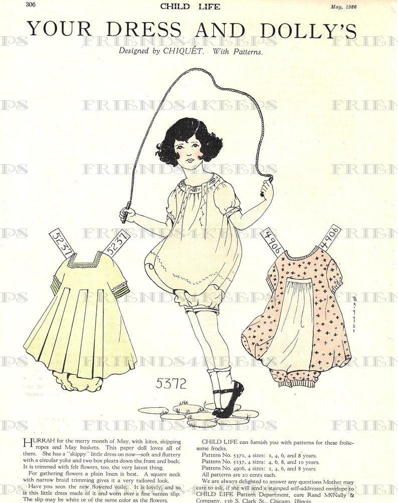 May include: A vintage illustration of a girl playing jump rope with two doll dresses. The doll dresses are in pink and yellow with floral patterns. The text on the page reads "Your Dress and Dolly's" and "Child Life".