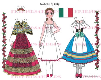 Printable ITALIAN COSTUMES "Isabella" Paper Doll Instant Digital Download 1 jpg 600 dpi by Artist Alina Kolluri--Print on 8.5" x 11" Paper