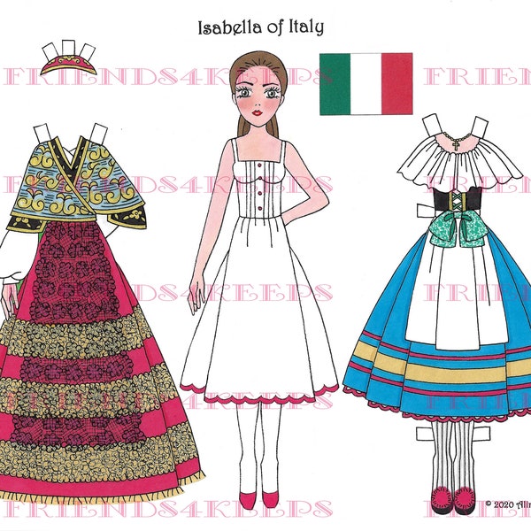 Printable ITALIAN COSTUMES "Isabella" Paper Doll Instant Digital Download 1 jpg 600 dpi por la artista Alina Kolluri--Print on 8.5" x 11" Paper