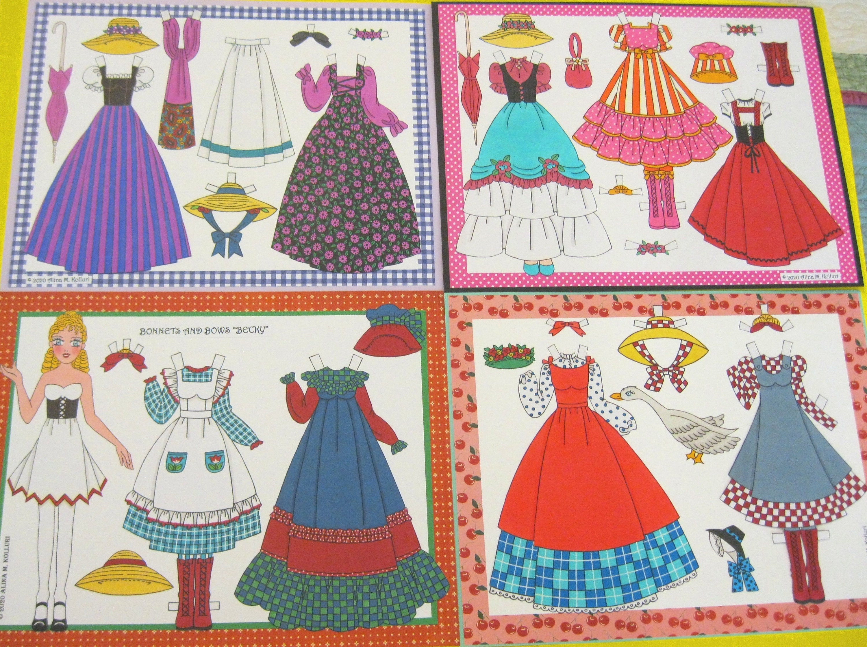 Printable BONNETS & BOWS BECKY Country-Style Paper Doll--Instant Download 4 jpg 600 dpi by Artist Alina Kolluri--Print on 8.5" x 11" Paper