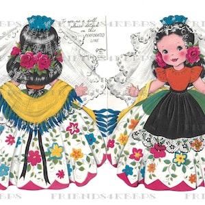 Vintage MEXICAN GIRL Spanish Senorita Front-and-Back Greetings Inc Card Instant Digital Download 2 jpg-bestanden 300 en 600 dpi--Afdrukbaar