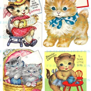 May include: Four vintage birthday cards featuring kittens. The first card shows a kitten wearing a hat and playing an accordion. The second card shows a kitten wearing a blue bow. The third card shows two kittens in a basket with yarn. The fourth card shows a kitten wearing an apron and pouring tea.