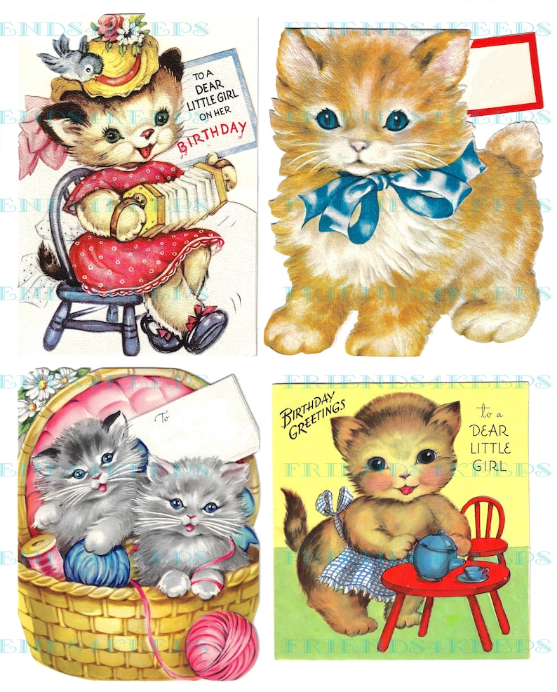 May include: Four vintage birthday cards featuring kittens. The first card shows a kitten wearing a hat and playing an accordion. The second card shows a kitten wearing a blue bow. The third card shows two kittens in a basket with yarn. The fourth card shows a kitten wearing an apron and pouring tea.