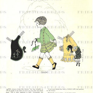 May include: A vintage illustration from a children's magazine showing a girl wearing a green and plaid dress and a black apron with embroidered flowers. The illustration is titled "Your Dress and Dolly's" and includes patterns for the dress and apron.