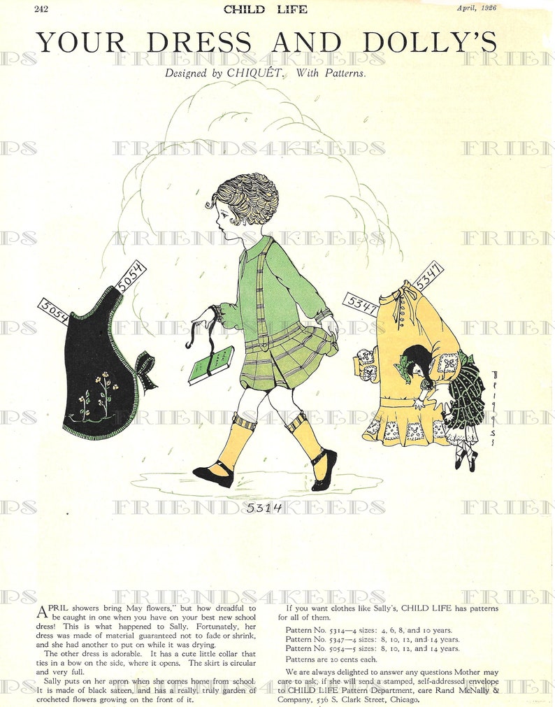 May include: A vintage illustration from a children's magazine showing a girl wearing a green and plaid dress and a black apron with embroidered flowers. The illustration is titled "Your Dress and Dolly's" and includes patterns for the dress and apron.