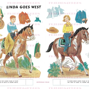 May include: A paper doll set featuring Linda and Tex, both riding horses. The set includes various clothing and accessories for the dolls, including hats, shirts, pants, and a saddle. The paper dolls are ready to be cut out and played with.