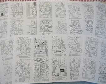 May include: A set of 18 black and white coloring pages featuring children in various scenes. The pages are printed on white paper and have a simple, cartoon-like style.