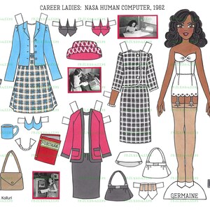 Puede incluir: Una muñeca de papel de una mujer vestida con una chaqueta azul y una falda a cuadros, con una chaqueta roja y una falda negra, y un vestido blanco con un sombrero blanco. La muñeca está etiquetada como "Germaine" y forma parte de un conjunto de muñecas de papel que representan a "Mujeres de carrera: Computadora humana de la NASA, 1962".