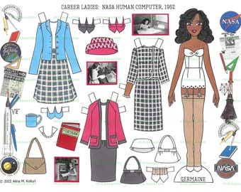 Printable 2-Page "NASA Human Computer, 1962" Instant Download Digital Paper Doll by Alina Kolluri--2 jpg files 600 dpi