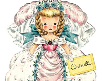CINDERELLA Vintage Fairy Tale Princess Bride Front-n-Back Printable Greeting Card Digital Download--2 jpg files 600 dpi--1940s
