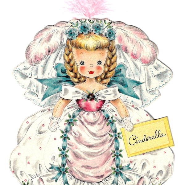 CINDERELLA Vintage Fairy Tale Princess Bride Front-n-Back Printable Greeting Card Digital Download--2 jpg files 600 dpi--1940s