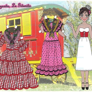 Op de afbeelding: Een papieren poppenset met een vrouw en twee jurken. De jurken zijn een rood-wit geruite flamencojurk en een roze polkadotjurk. De vrouw draagt een witte jurk met een rood korset. Een rode wagen staat op de achtergrond. De tekst "Margarita, La Gitanita" staat bovenaan.