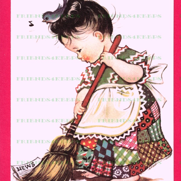 LITTLE GIRL SWEEPING Domestic Goddess / Homemaker Printable Vintage Greeting Card Image Instant Digital Download 2 jpg 600 dpi