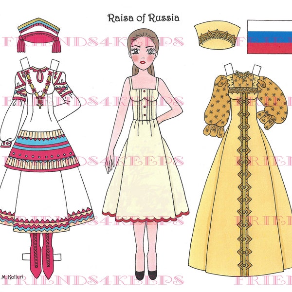 Printable RUSSIAN COSTUMES "Raisa" Paper Doll Instant Digital Download 1 jpg 600 dpi by Artist Alina Kolluri--Print on 8.5" x 11" Paper