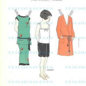 May include: A vintage illustration of a girl wearing a white tank top, black bloomers, and green pajamas with red flowers. The illustration is from a 1928 magazine and includes the text "Your Dress and Dolly's" and "Designed by Chiquet. With patterns."