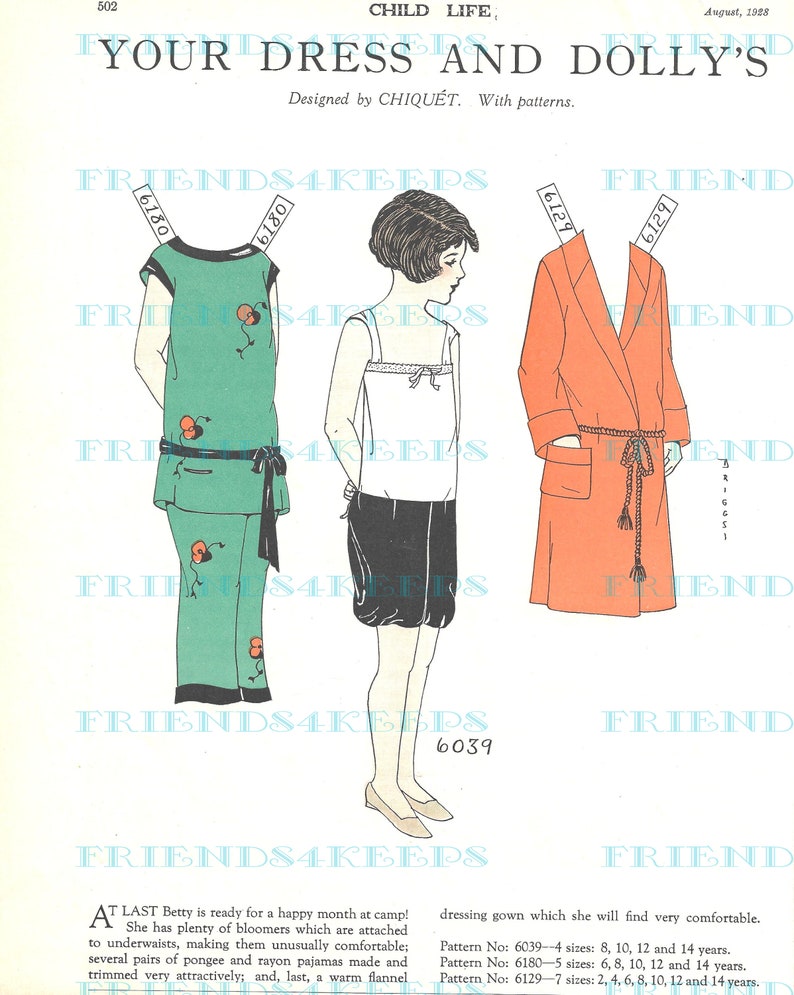 May include: A vintage illustration of a girl wearing a white tank top, black bloomers, and green pajamas with red flowers. The illustration is from a 1928 magazine and includes the text "Your Dress and Dolly's" and "Designed by Chiquet. With patterns."