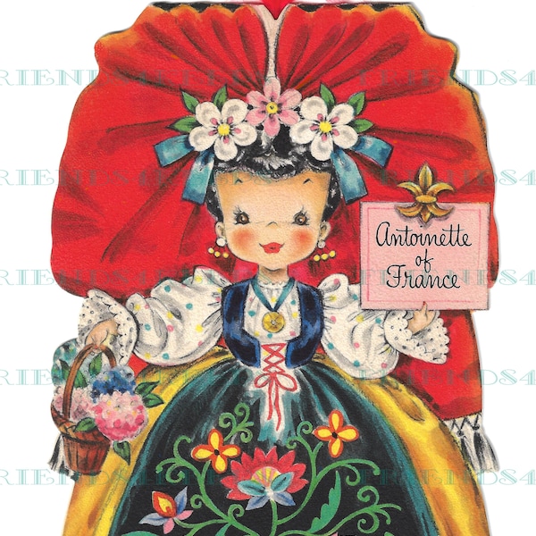 GIRL OF FRANCE Vintage French Folk Costume Front-n-Back Greeting Cards Digital Download--4 jpg files 300 dpi & 600 dpi--1940s