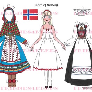 May include: Paper doll of a girl wearing a traditional Norwegian folk costume. The doll is labeled "Nora of Norway". The costume includes a white dress with red trim, a black skirt with white embroidery, and a red and white vest with a silver buckle. The doll is holding a red and white flag with a blue cross.