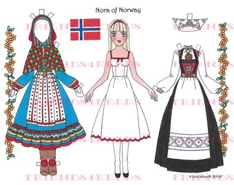 Printable NORWEGIAN Costumes Bunad from Voss & Saami Paper Doll INSTANT DOWNLOAD 1 jpg 600 dpi by Alina Kolluri--Print on 8.5" x 11" Paper