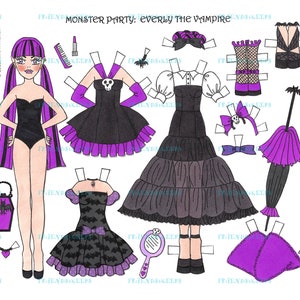 NOUVEAU ! Everly the Vampire, téléchargement immédiat de 4 pages MONSTER PARTY, 4 poupées en papier numérique jpg, 600 dpi par Alina Kolluri - tirages 8,5 x 11 po.