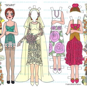 Könnte beinhalten: Ein Vintage-Papierpuppen-Set mit einem Flapper-Mädchen und drei Outfits. Die Outfits umfassen ein Hochzeitskleid, ein Kleid mit großen rosa Rosen und ein rosa Fransenkleid. Das Set enthält Vintage-Werbung und den Text "Zelda".