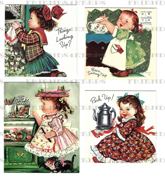 OLD-FASHIONED GIRLS Instant Digital Download--Lovely, Bright Images from  Vintage Greeting Cards jpg file 300 dpi and jpg file 600 dpi