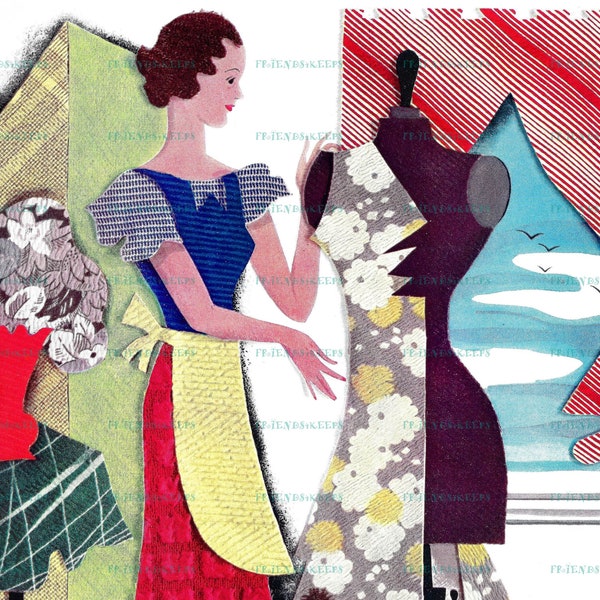 Vintage Printable ART DECO DRESSMAKER Seamstress Sewing a New Dress 1930s Magazine Art Image Instant Digital Download 2 jpg 600 & 300 dpi