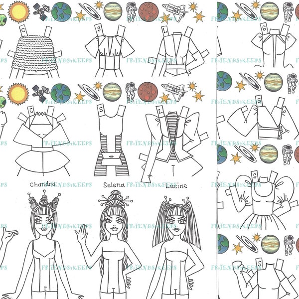 NEW! 13-Page Printable pdf MOON and MARS Couture--"The Moon Girls"--Paper Dolls to Color & Cut--Instant Digital Download by Alina Kolluri
