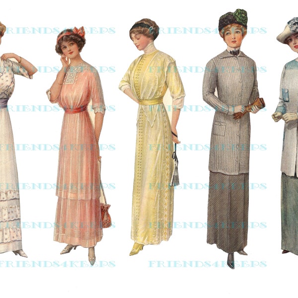 25 Printable ANTIQUE LADIES on 5 jpg Files--Fashion Cut-Outs from 1910's Magazines--Paper Dolls for Crafting--Downton Abbey & Titanic Style!