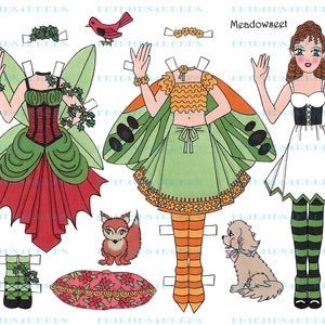 Printable 5-Page MEADOWSWEET FAIRY Fantasy Costumes Digital Paper Doll Instant Download 5 jpg 600 dpi by Alina Kolluri--Prints 8.5" x 11"