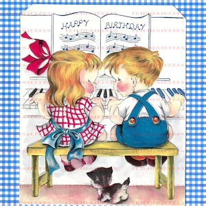 Tarjeta de felicitación de cumpleaños para niños y niñas con diseño vintage "Hermano y hermana tocando el piano" con DESCARGA INSTANTÁNEA: 3 archivos jpg de 600 ppp