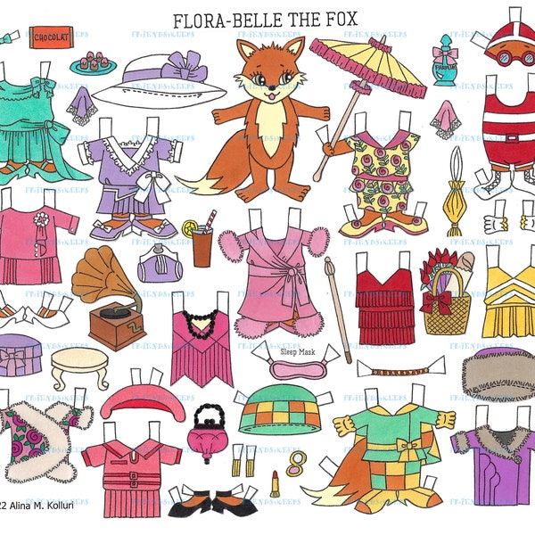 3-Page Printable WOODLAND FRIENDS Flora-Belle the Fox Digital Paper Doll by Alina Kolluri 3 jpg 600dpi Instant Download--Print 8.5"x11"