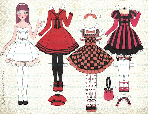 Printable Japanese Style GOTHIC LOLITA Street Fashion Instant Download 1  jpg 600 dpi Paper Doll by Alina Kolluri--Print on 8.5" x 11" Paper