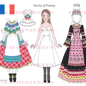 Stampabile COSTUMI POPOLARI FRANCESI "Nicole" Paper Doll Instant Digital Download 1 jpg 600 dpi dell'artista Alina Kolluri-- Stampa su carta 8.5" x 11"