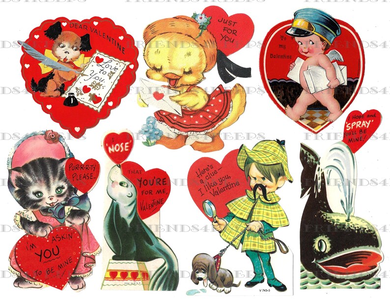 25 Printable Vintage Children's VALENTINE'S DAY CARDS Digital Download4 jpg files 600 dpiAdorable Kids, Animals & Household Items image 4