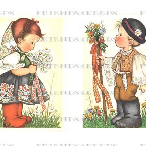 2 HUNGARIAN KIDS Folk Costume Ars Sacra Vintage Tarjetas de Saludo Descarga Digital--Imágenes Encantadoras 1 archivo jpg 300 dpi y 1 archivo jpg 600 dpi