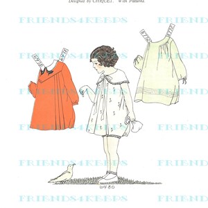 May include: A vintage illustration of two girls wearing dresses. The girl on the left is wearing a red dress with a white collar and a white bow. The girl on the right is wearing a white dress with a floral pattern. The illustration is from a magazine called "Child Life" and includes the text "Your Dress and Dolly's" and "Designed by Chiquet. With Patterns."