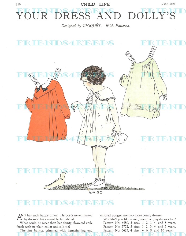 May include: A vintage illustration of two girls wearing dresses. The girl on the left is wearing a red dress with a white collar and a white bow. The girl on the right is wearing a white dress with a floral pattern. The illustration is from a magazine called "Child Life" and includes the text "Your Dress and Dolly's" and "Designed by Chiquet. With Patterns."