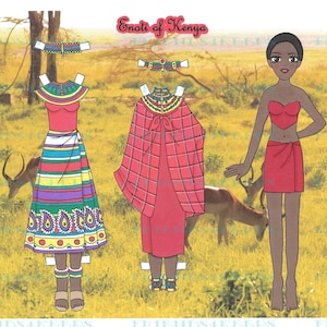 Printable ENOTI OF KENYA African Costume Paper Doll--Instant Digital Download 1 jpg file 600 dpi by Alina Kolluri--Print on 8.5" x 11" Paper