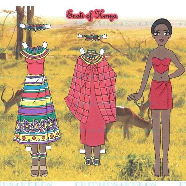 Printable ENOTI OF KENYA African Costume Paper Doll--Instant Digital Download 1 jpg file 600 dpi by Alina Kolluri--Print on 8.5" x 11" Paper
