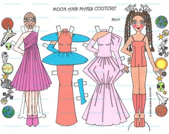 NEW! 2-Page Printable MOON and MARS Couture "Mirri" Paper Doll by Artist Alina Kolluri--Instant Digital Download 2 jpg files, 600 dpi