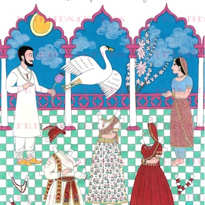 May include: A paper doll set depicting a scene from Indian mythology. The set includes a prince, a princess, and a talking swan. The prince is wearing a white robe with a red sash, the princess is wearing a red and gold sari, and the swan is white with a long neck. The background is a blue sky with clouds and a pink and white floral design.
