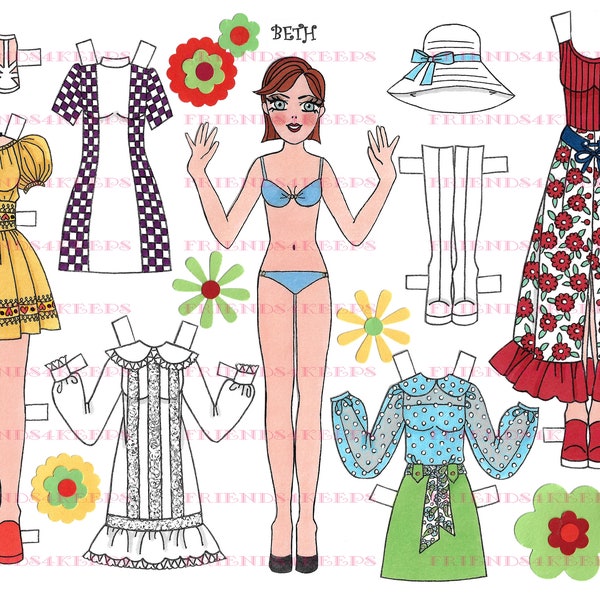 Printable MOD DOLLIES "Beth" Instant Download 1 jpg 600 dpi Digital Paper Doll of the 1960s-70s by Alina Kolluri--Print on 8.5"x11" Paper