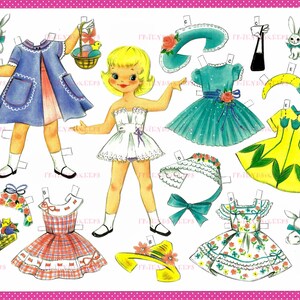 Druckbare VINTAGE ANPASSUNG von 1950s Ostern Papierpuppe Sofortiger digitaler Download 300 & 600 dpi--Ideal für Spiel und Party Favor!