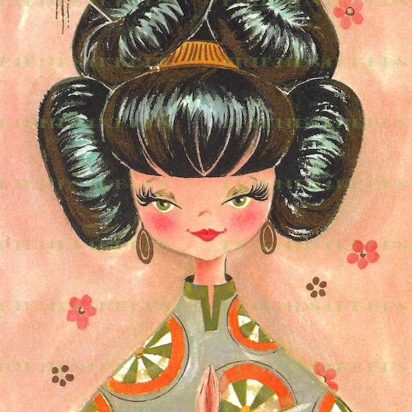 MOD ASIAN GIRL with Traditional Hairdo Printable Vintage Greeting Card Image Digital Download 1jpg 600 dpi