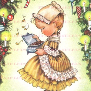 INSTANT DOWNLOAD 1940s Vintage &quot;Colonial Girl with Music Box&quot; Printable Christmas Greeting Card Clip Art Image--1 jpg 600 dpi