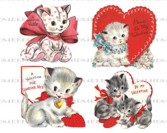 Printable Vintage VALENTINE KITTENS Greeting Cards Digital Download--4 Greeting Card Images on 2 jpg files 300 dpi and 600 dpi
