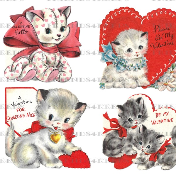 Printable Vintage VALENTINE KITTENS Greeting Cards Digital Download--4 Greeting Card Images on 2 jpg files 300 dpi and 600 dpi