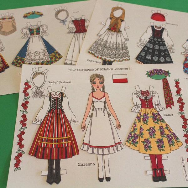 NEW!  Printable 3-Page POLISH Folk Costumes Paper Doll #1--Instant Digital Download--3 jpg 600 dpi by Alina Kolluri--Prints 8.5" x 11"