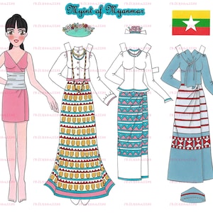 COSTUMES from MYANMAR Burmese Girl Printable Paper Doll Digital Download 1 jpg 600 dpi by Alina Kolluri--Print on 8.5&quot; x 11&quot; Paper